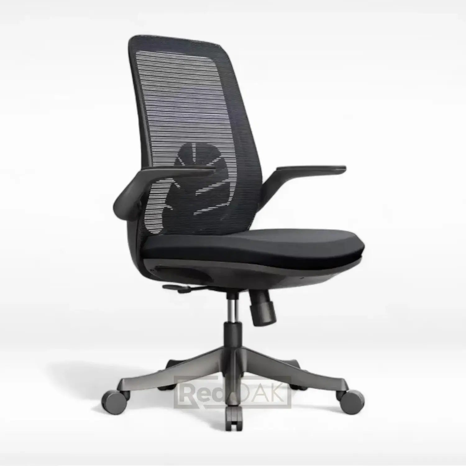 A black mesh task chair with a breathable back support, pneumatic seat height adjustment, and flip-up armrests on a durable nylon base with smooth non-marking castors.