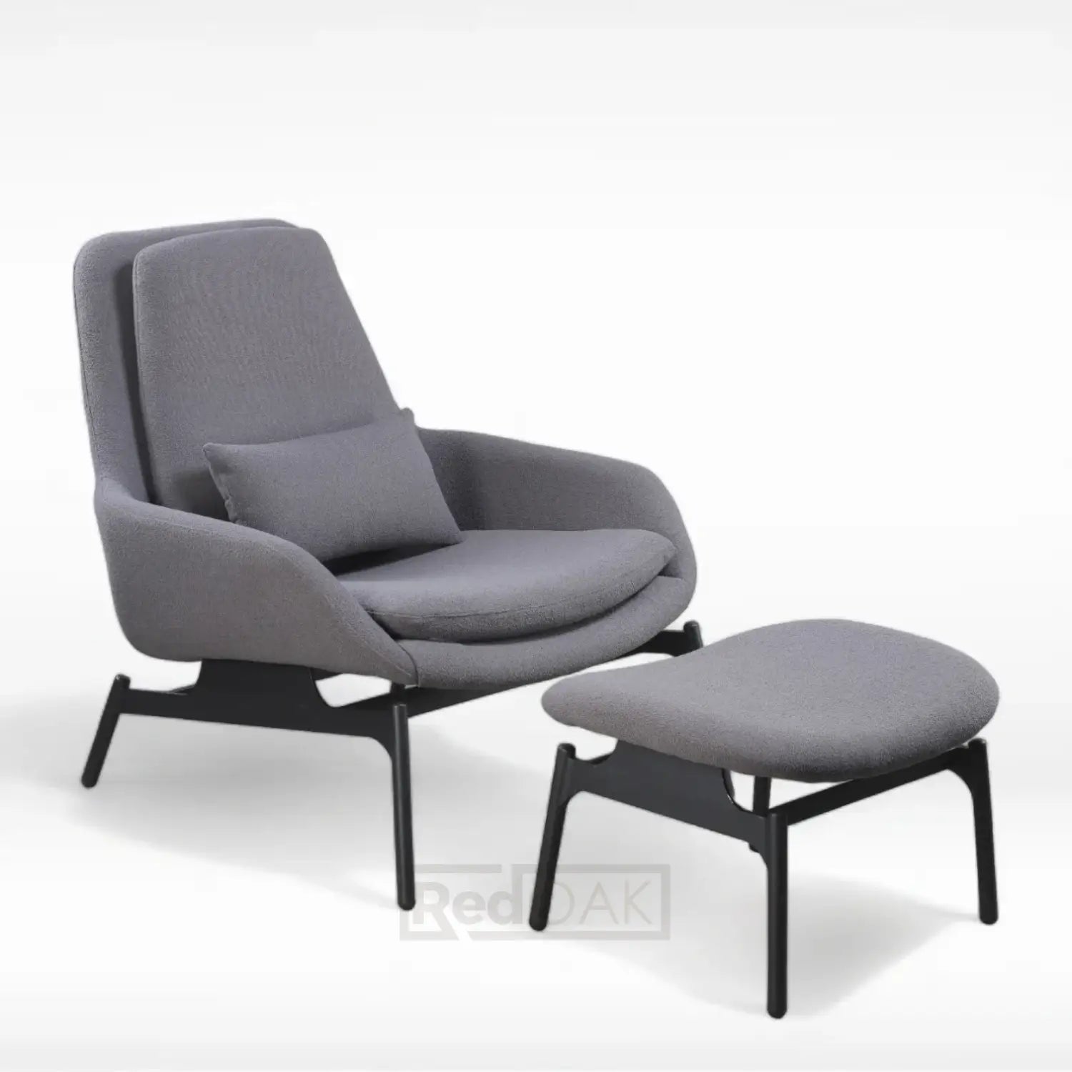 A gray lounge chair with a matching footrest, both featuring a modern design and placed against a white background.