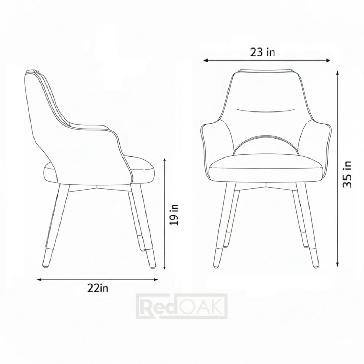 Line drawing of a chair with dimensions labeled
