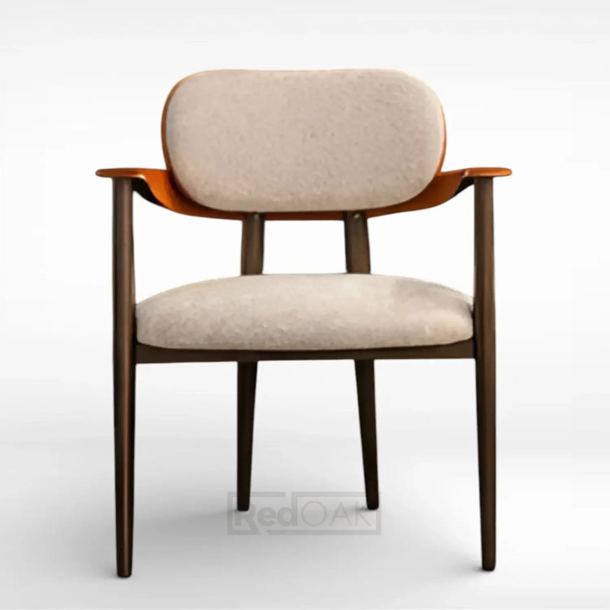 Chair with wooden frame and beige cushion on a white background