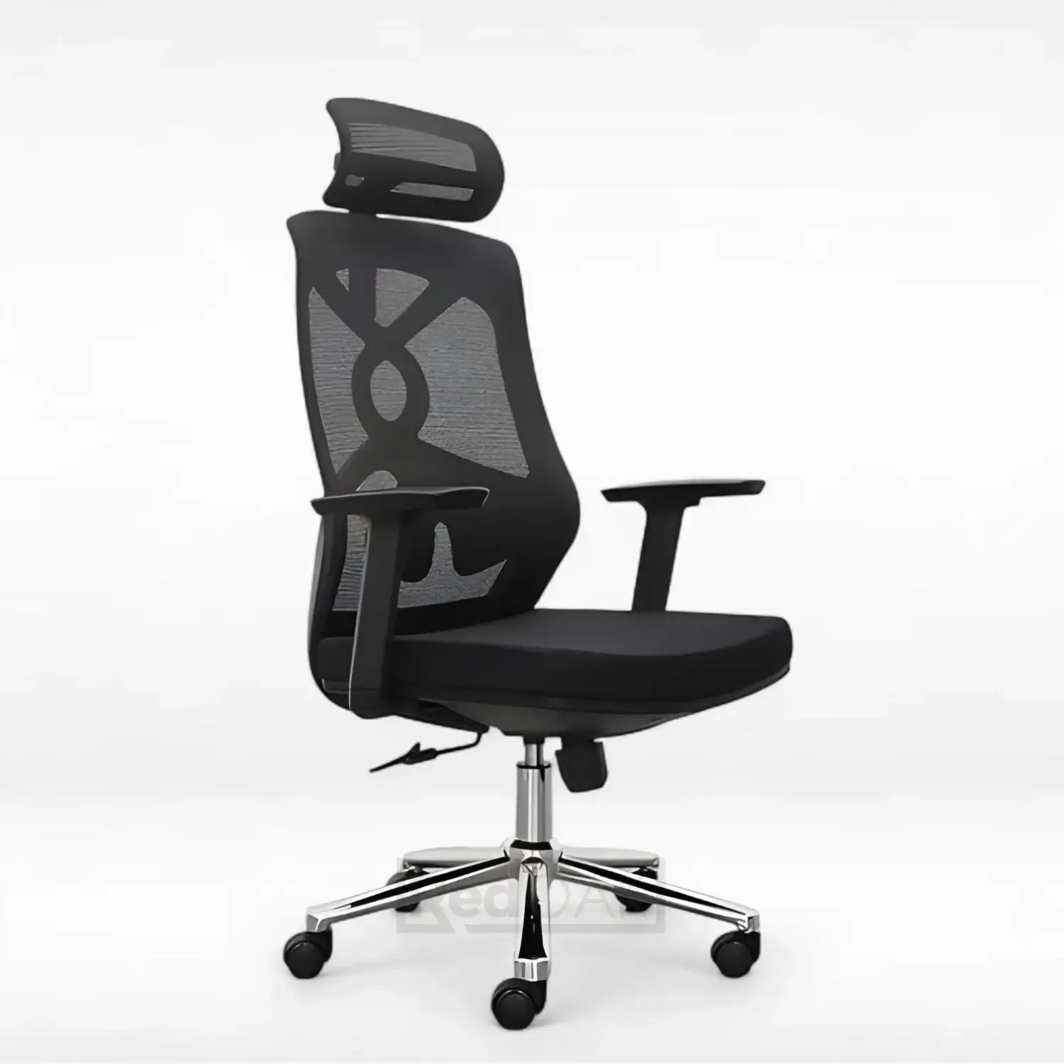 Black office chair with mesh back and chrome base on a white background