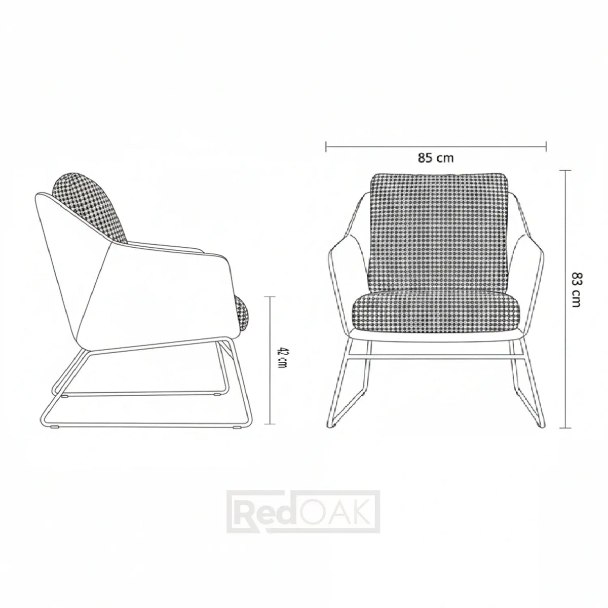 Dimensions of a chair with plaid cushion on a white background