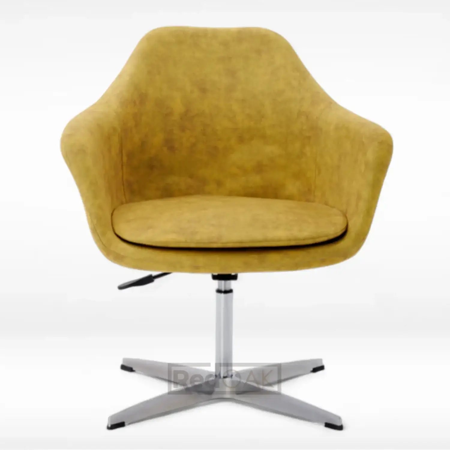 A yellow fabric lounge chair with a curved ergonomic seat and metal legs, set against a white background.