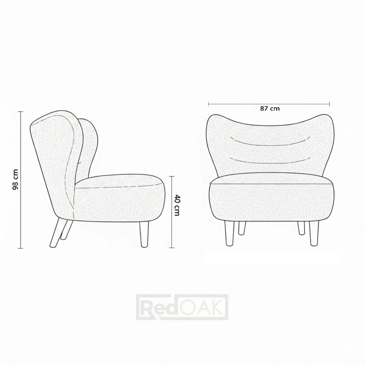 Dimensions of a modern chair shown from two angles on a white background