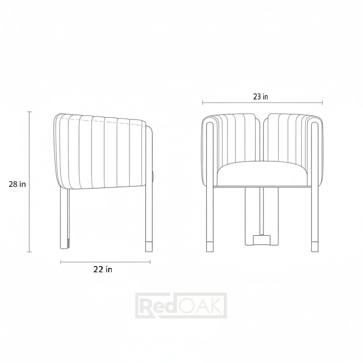 Line drawing of a chair with dimensions labeled on a white background