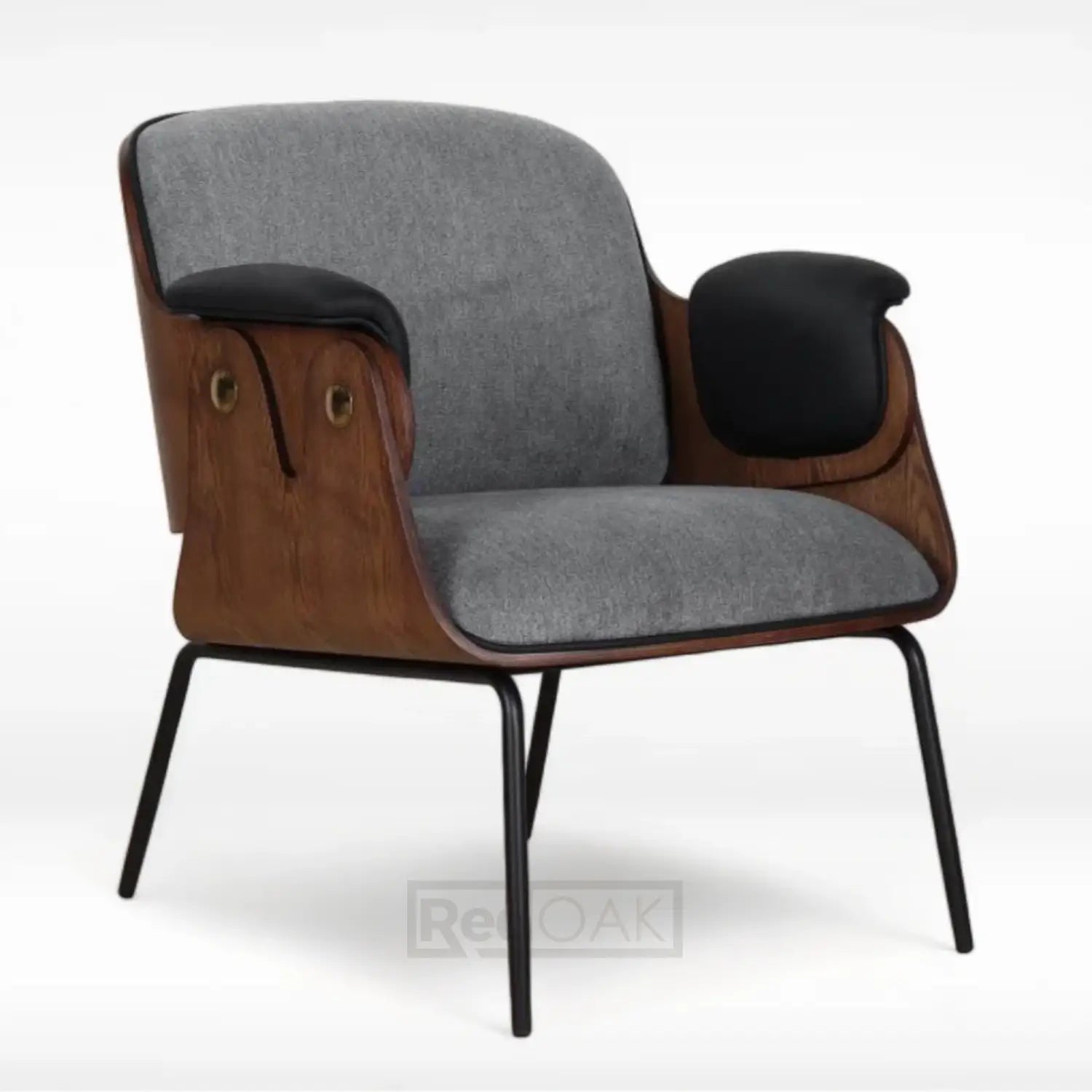 A modern lounge chair with a plywood frame upholstered in grey fabric, featuring a cushioned seat and backrest, with black armrests and metal legs.