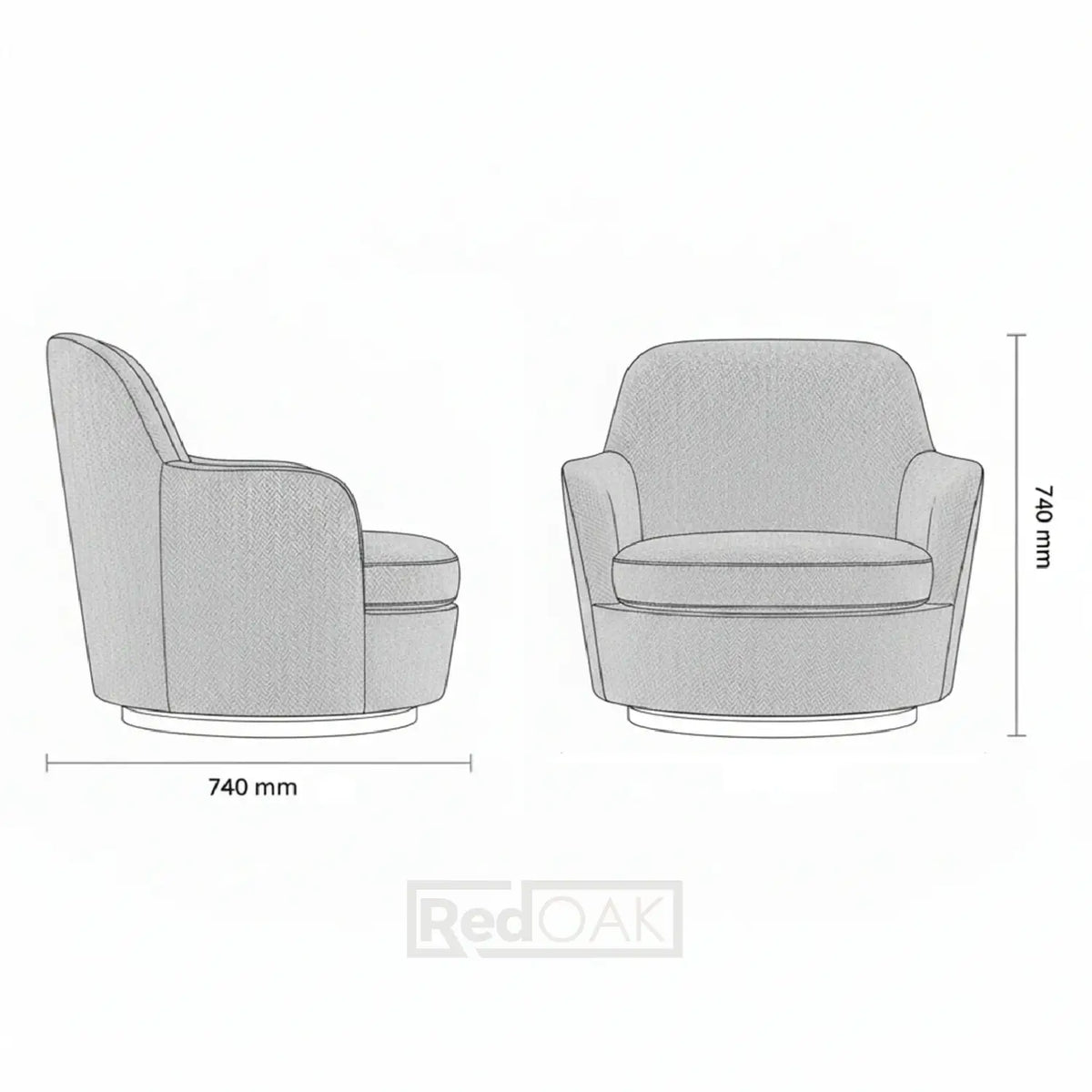 Gray armchair with dimensions on a white background