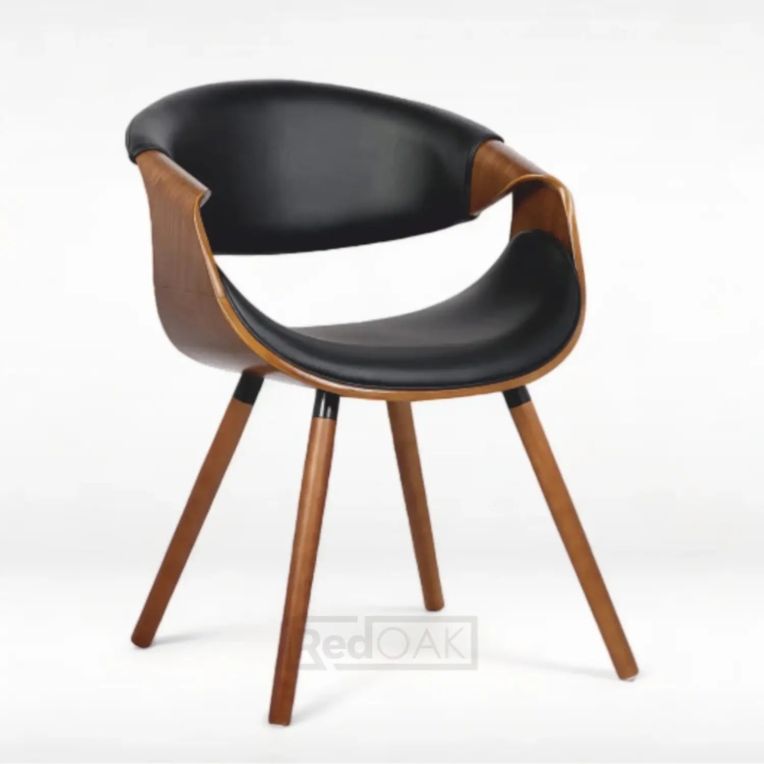 An elegant mid-century style chair with curved wooden backrest and seat, upholstered in black faux leather, with a wood leg base.