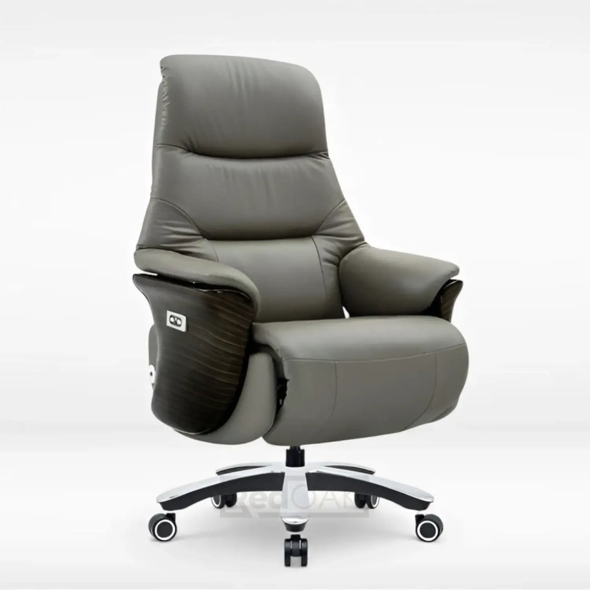 Motorised, button-controlled, batttery operated, grey leather recliner office revolving chair with castors