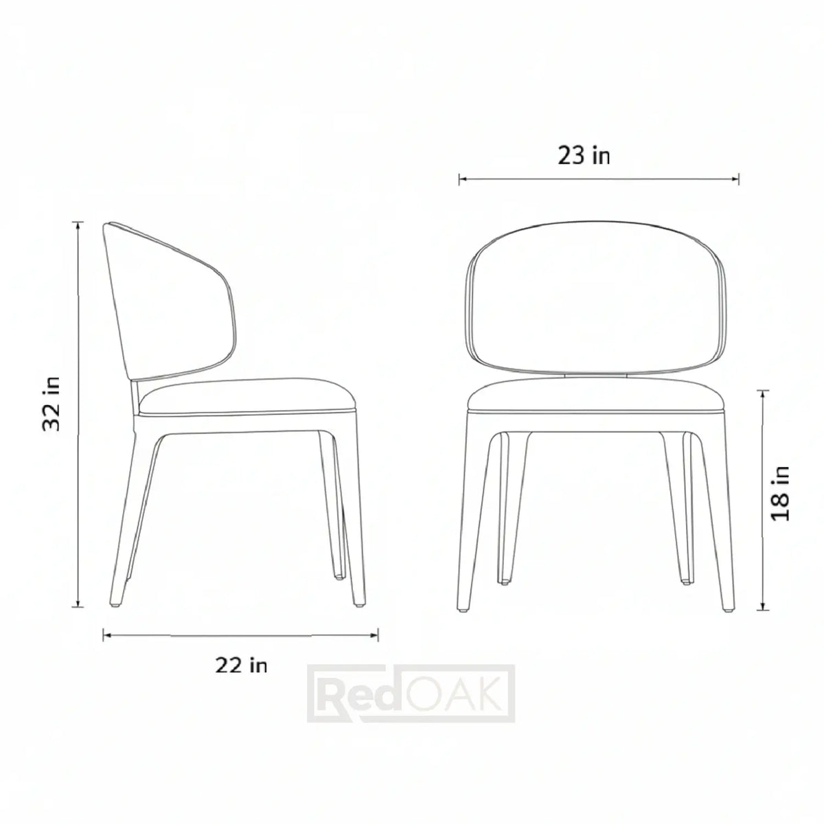 Line drawing of a chair with dimensions labeled on a white background