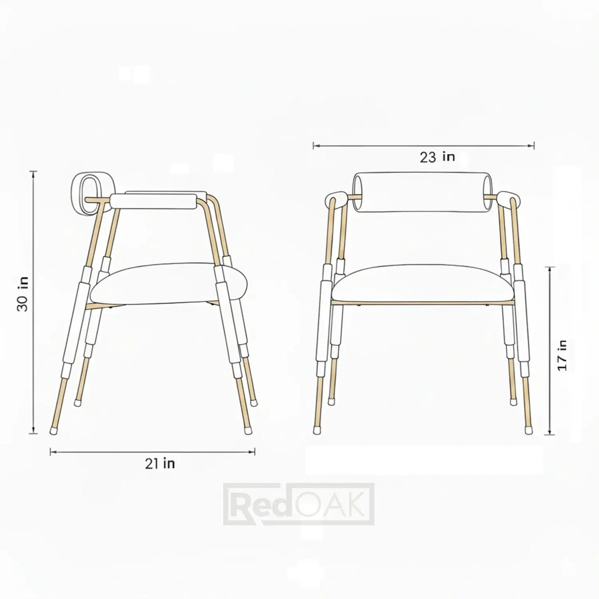 Dimensions of a chair with armrests on a white background