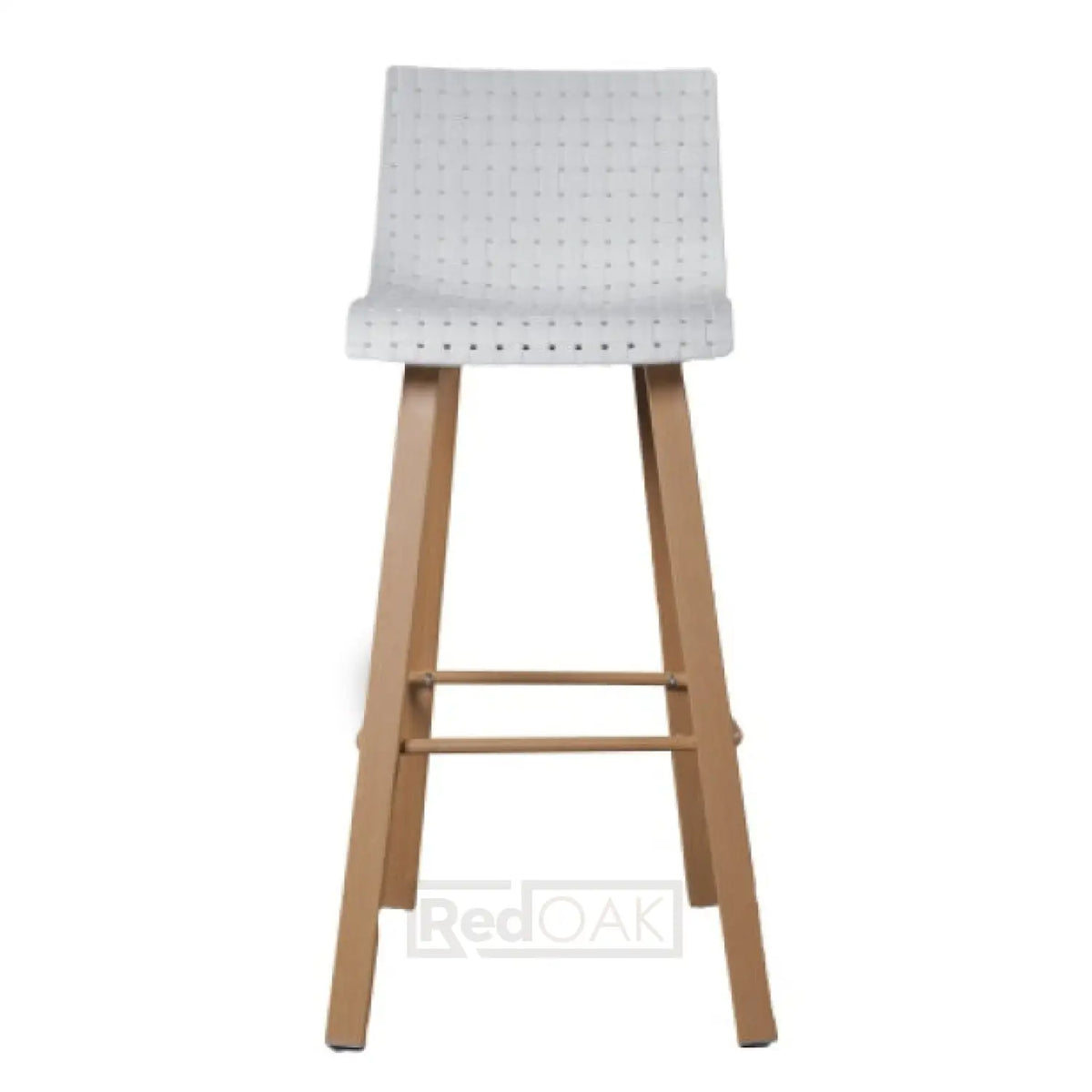 A modern bar stool with a light natural wood frame and a white textured woven seat and backrest, shown from a side profile against a white background.