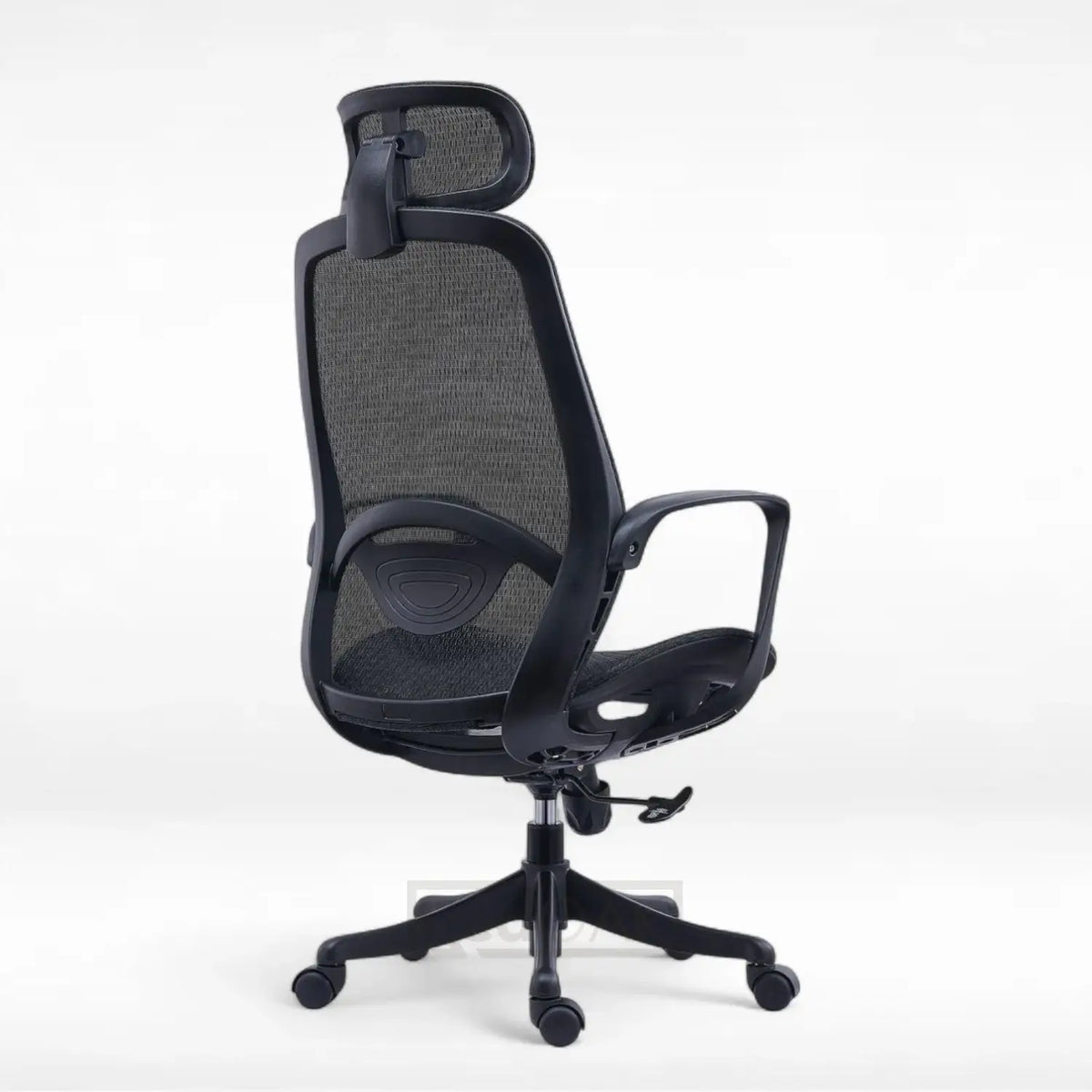 Black office chair with mesh back on a white background