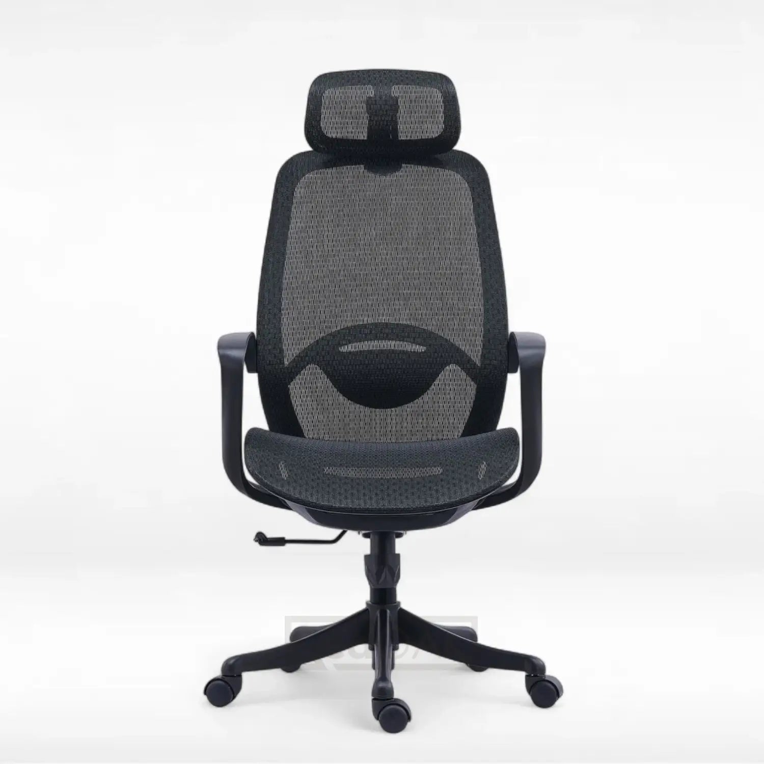 Black office chair with mesh backrest on a white background