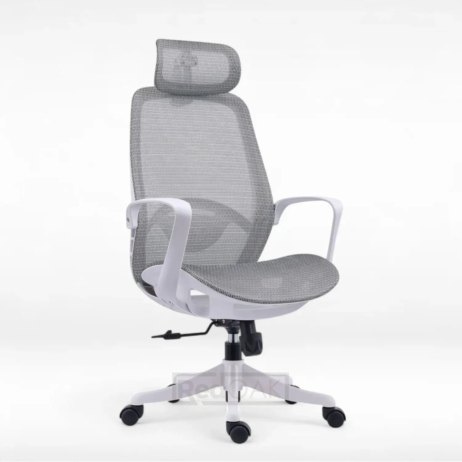 Gray office chair with headrest on a white background