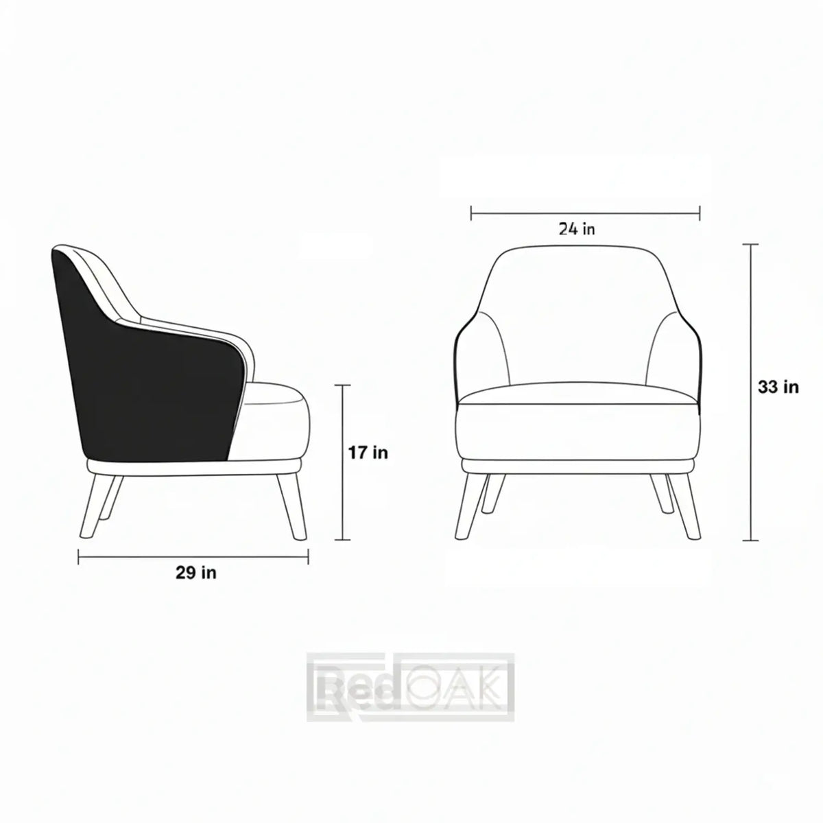 Dimensions of a chair with RedOAK branding on a white background