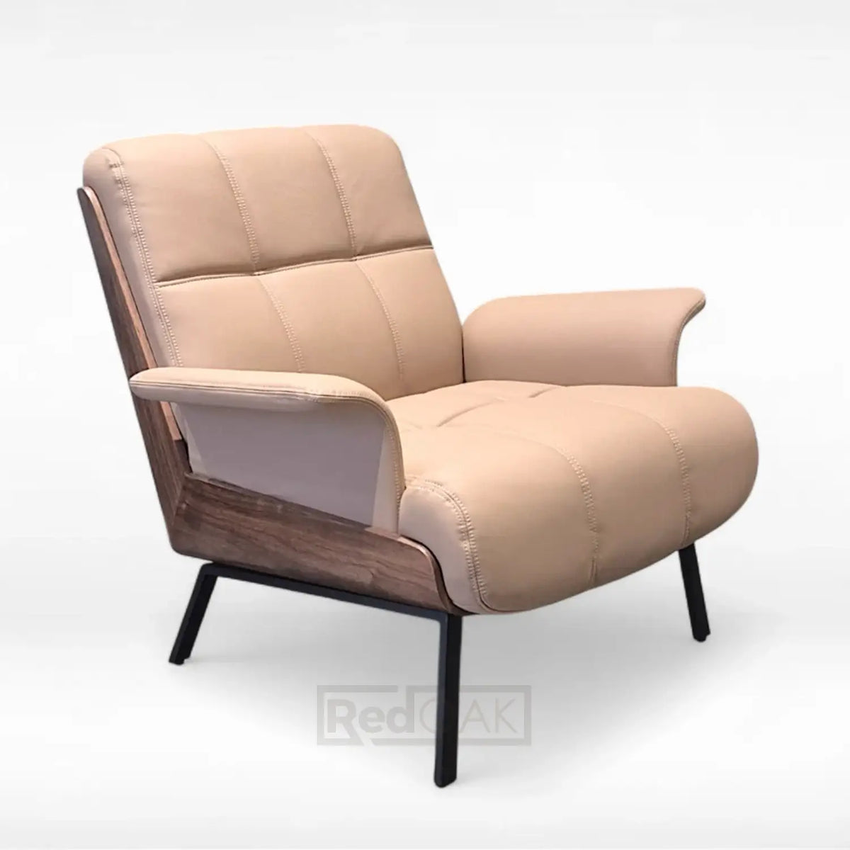 Beige armchair with wooden armrests on a white background