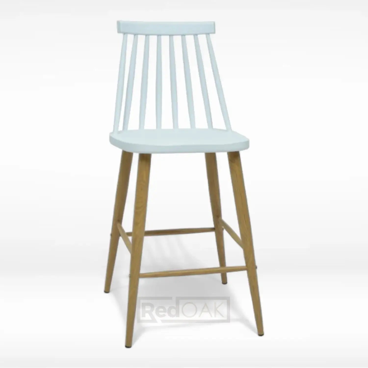 A white barstool with a classy windsor style back and a sturdy metal leg frame finished with a wooden grain.