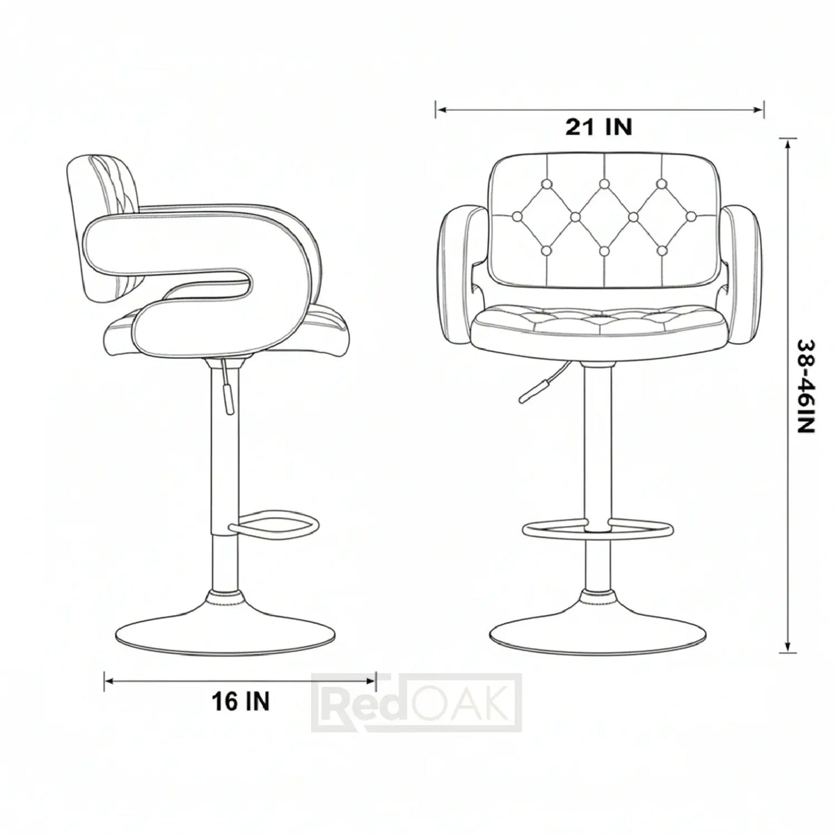 Line drawing of a bar stool with dimensions labeled