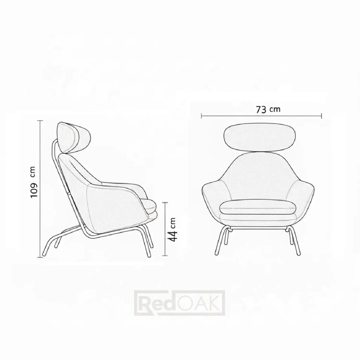 Line drawing of a chair with dimensions labeled on a white background