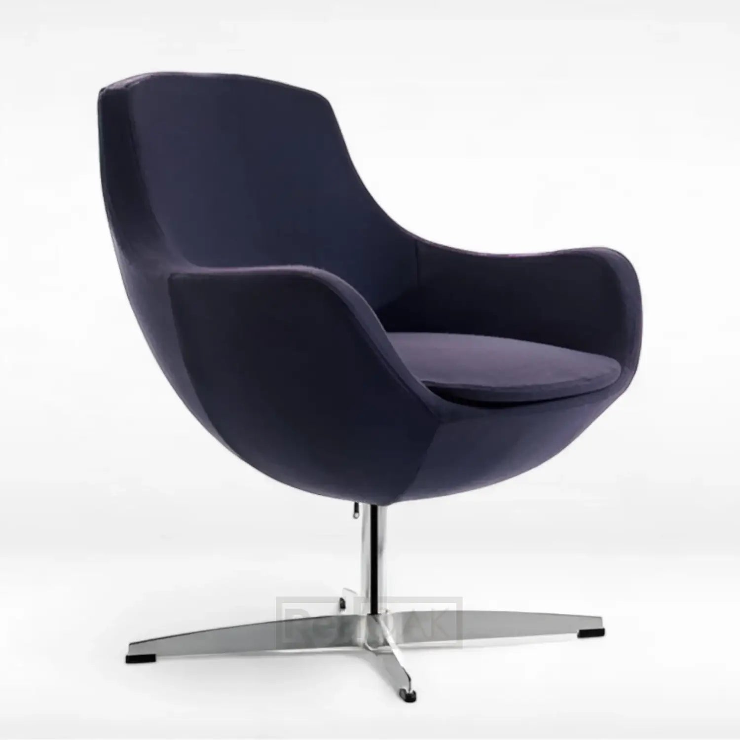 A navy blue upholstered chair with a metal frame and a hard backrest, isolated on a white background.