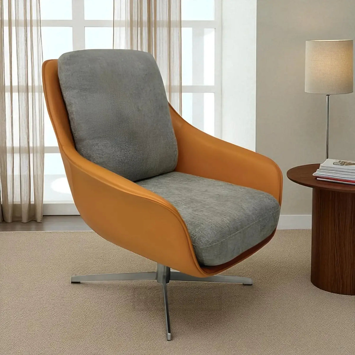 Modern chair with orange frame and gray cushion in a room with a lamp and table.