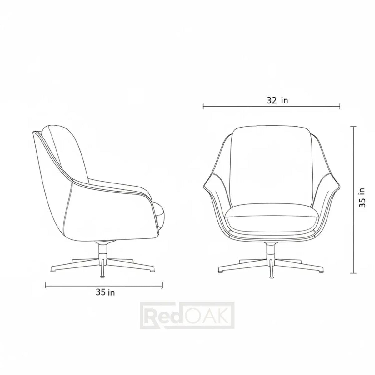 Line drawing of a chair with dimensions labeled on a white background