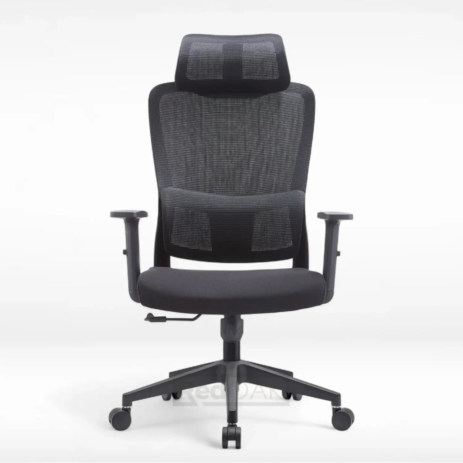 Black office chair with mesh back on a white background