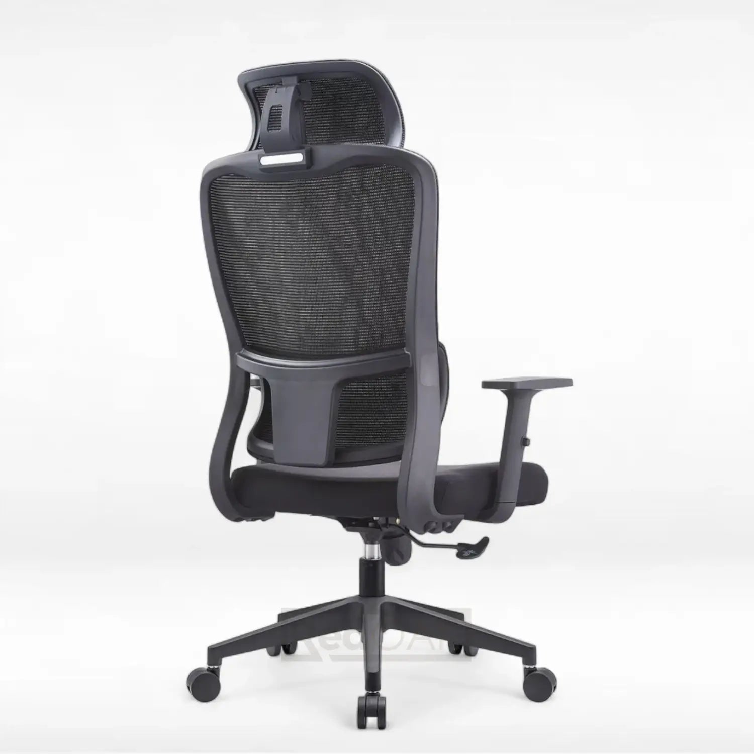 Black office chair with mesh back on a white background