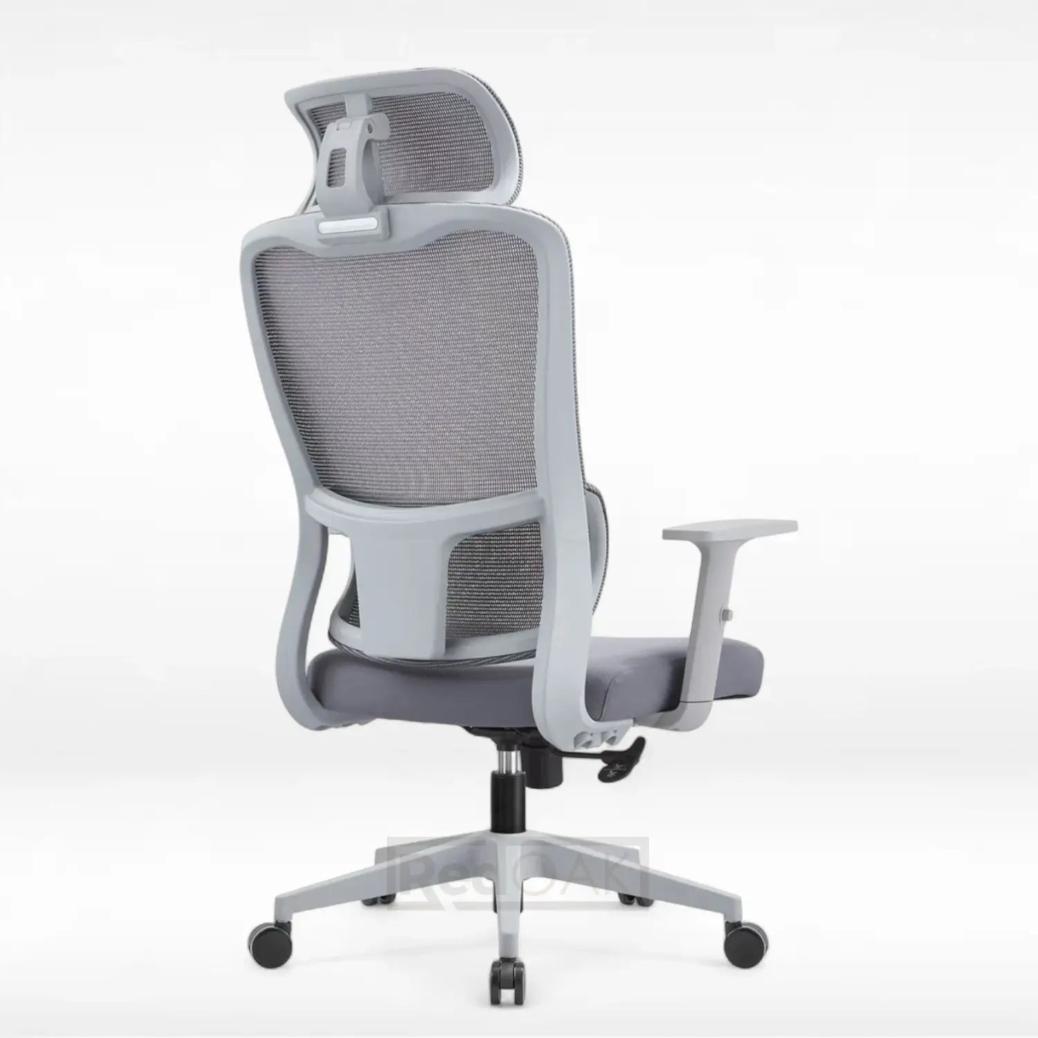 Gray office chair with mesh back on a white background