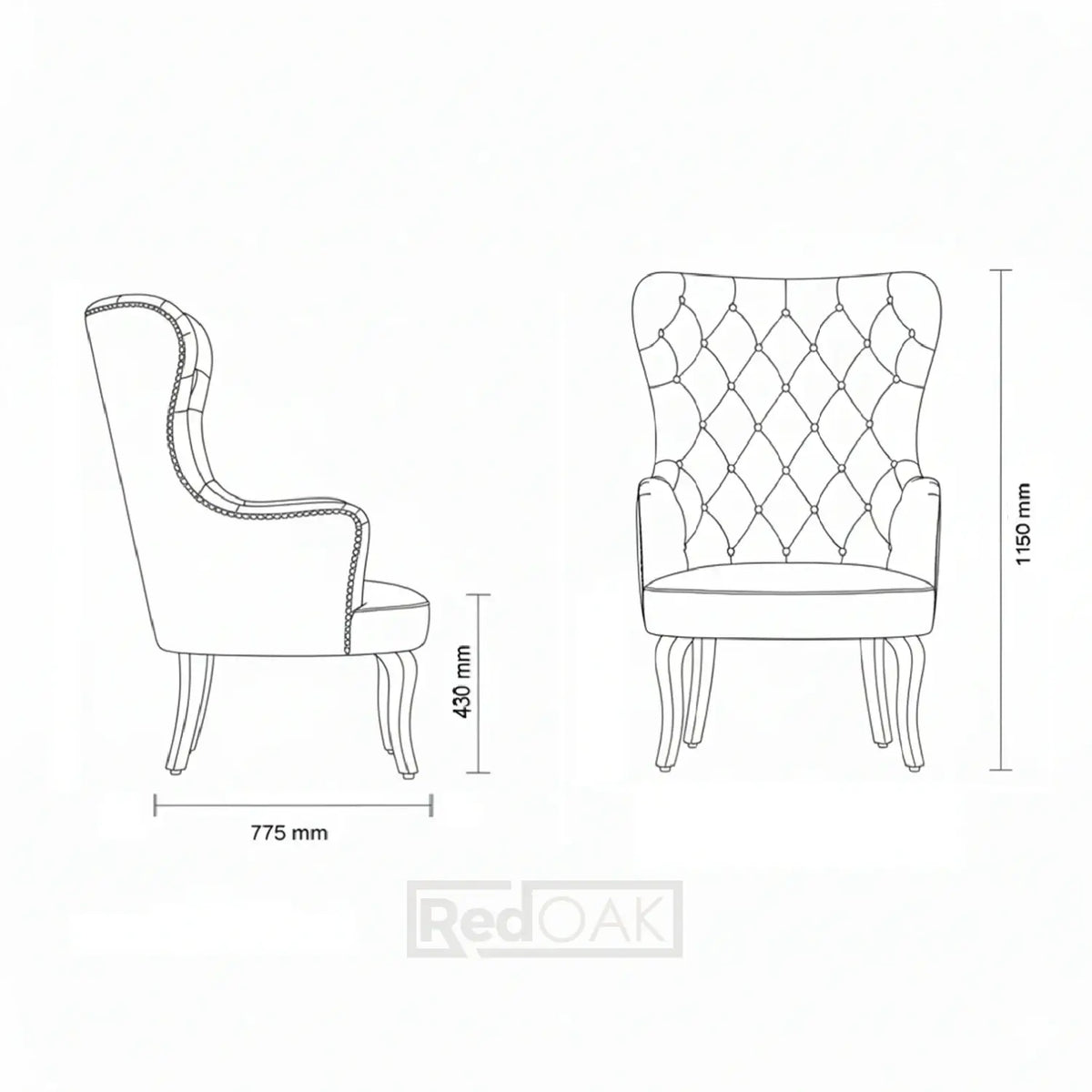 Line drawing of a chair with dimensions labeled