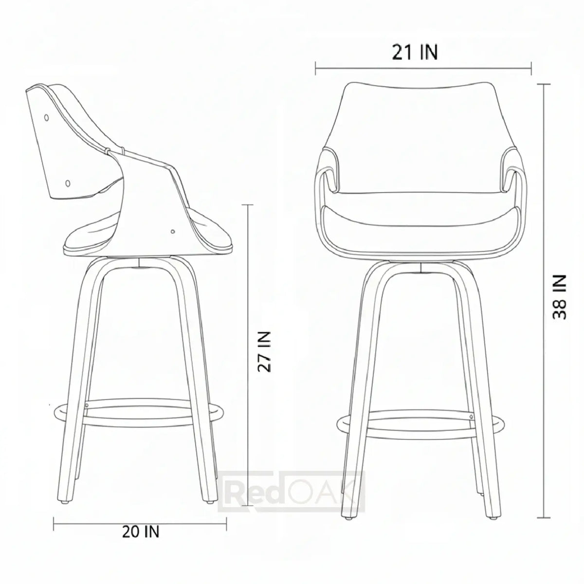 Line drawing of two bar stools with dimensions labeled