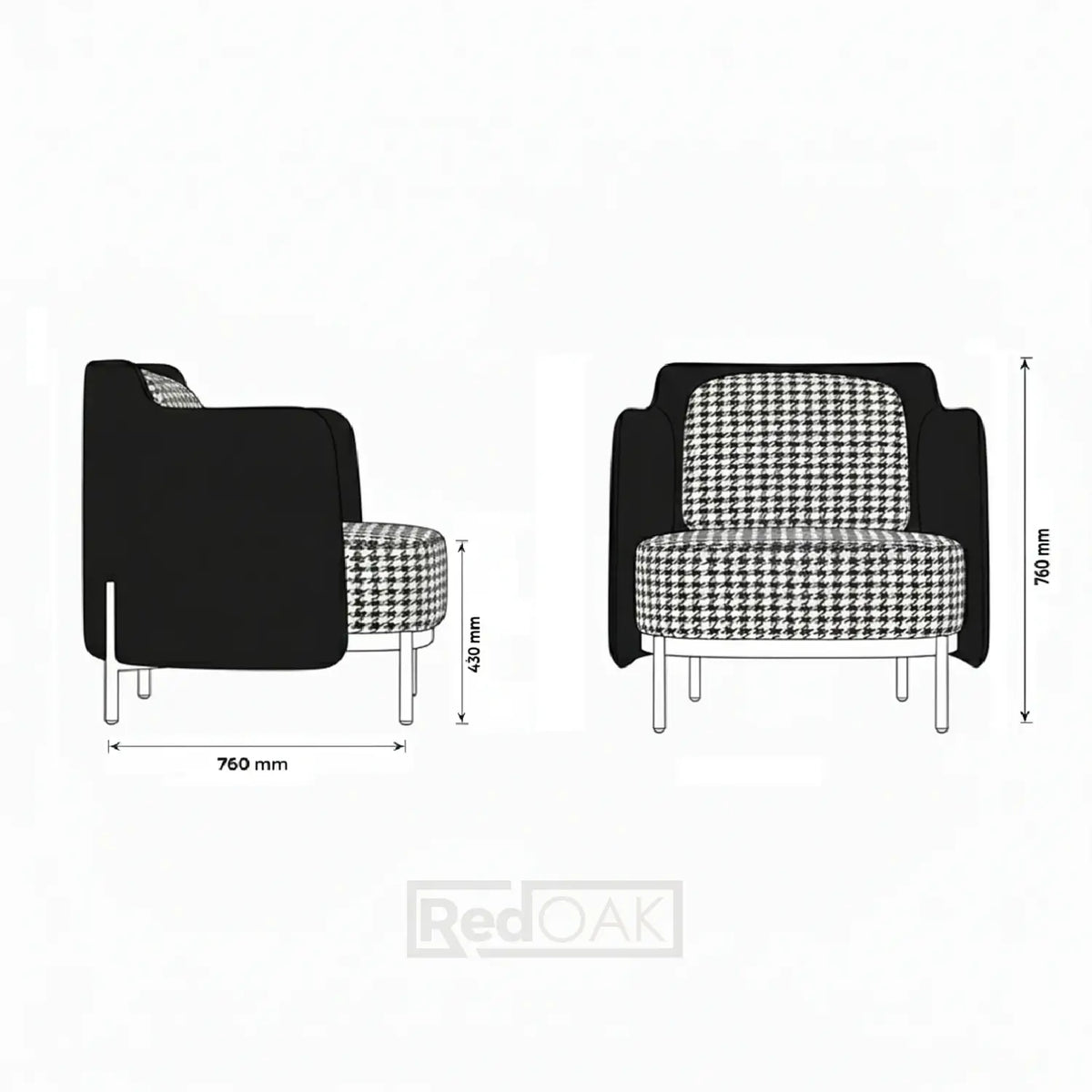 Dimensions of a black and white checkered armchair on a white background