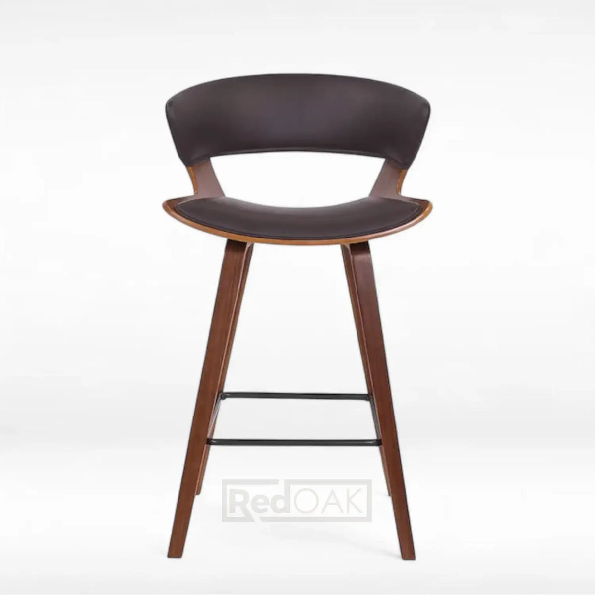 Wooden bar stool with brown leather seat on a white background