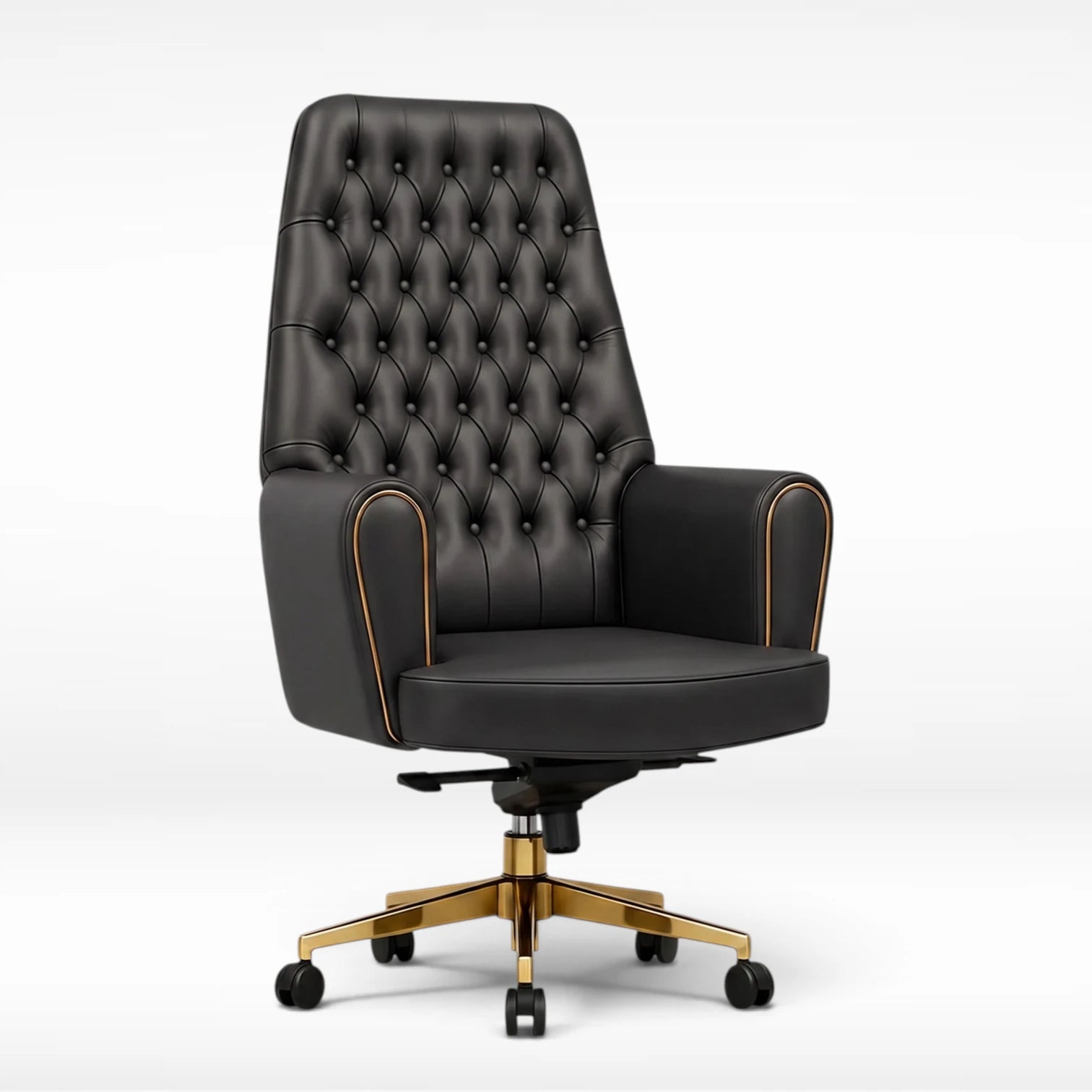 A luxury black leather office chair with a high back, button-tufted backrest, gold piping accents, and a polished gold five-star wheeled base, shown on a white studio background.