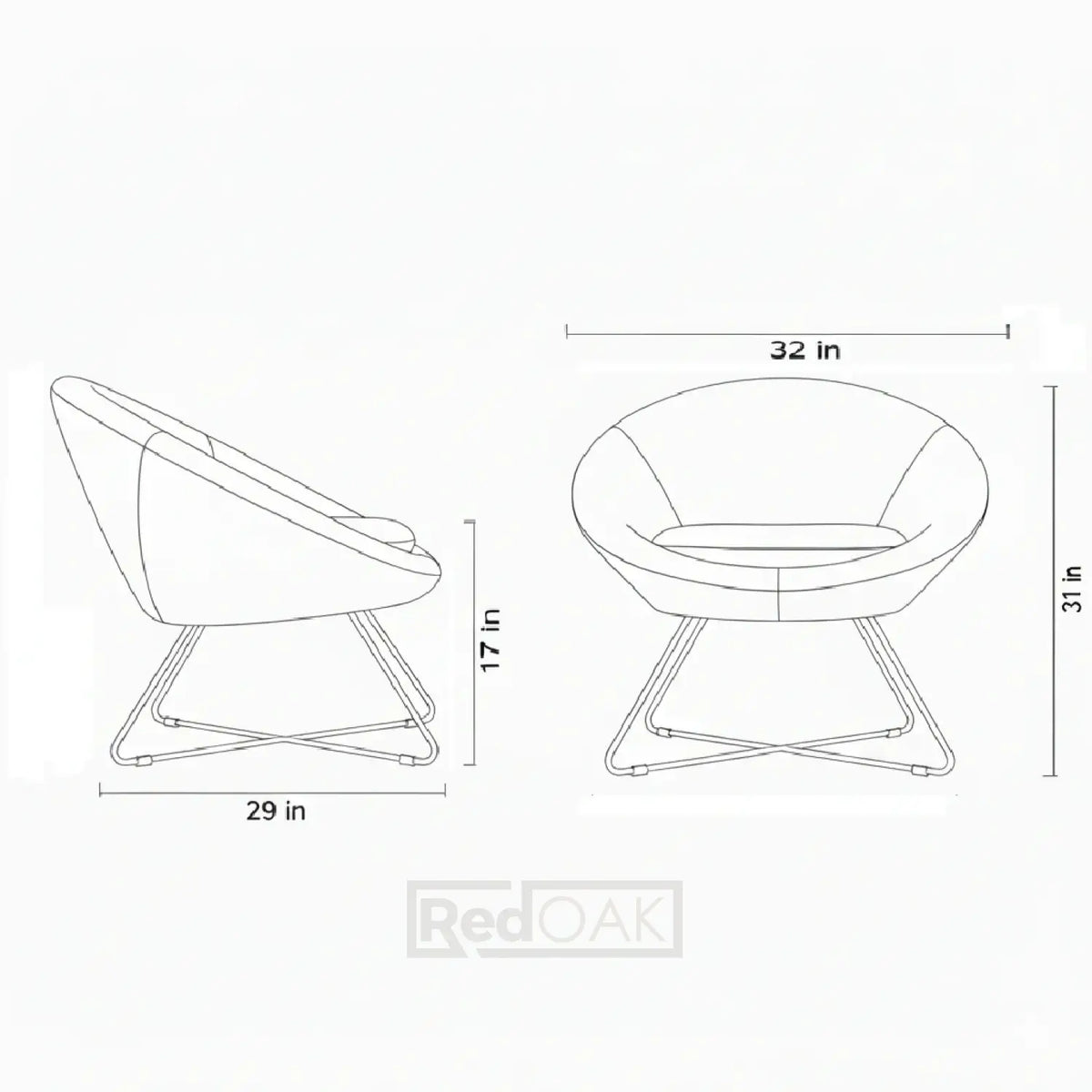 Measurement chart of a modern chair with dimensions labeled.