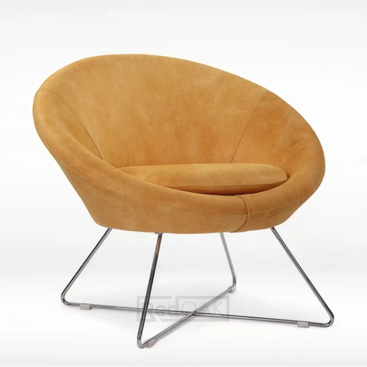 A round orange upholstered lounge chair with chrome steel legs, featuring an ergonomically moulded seat.