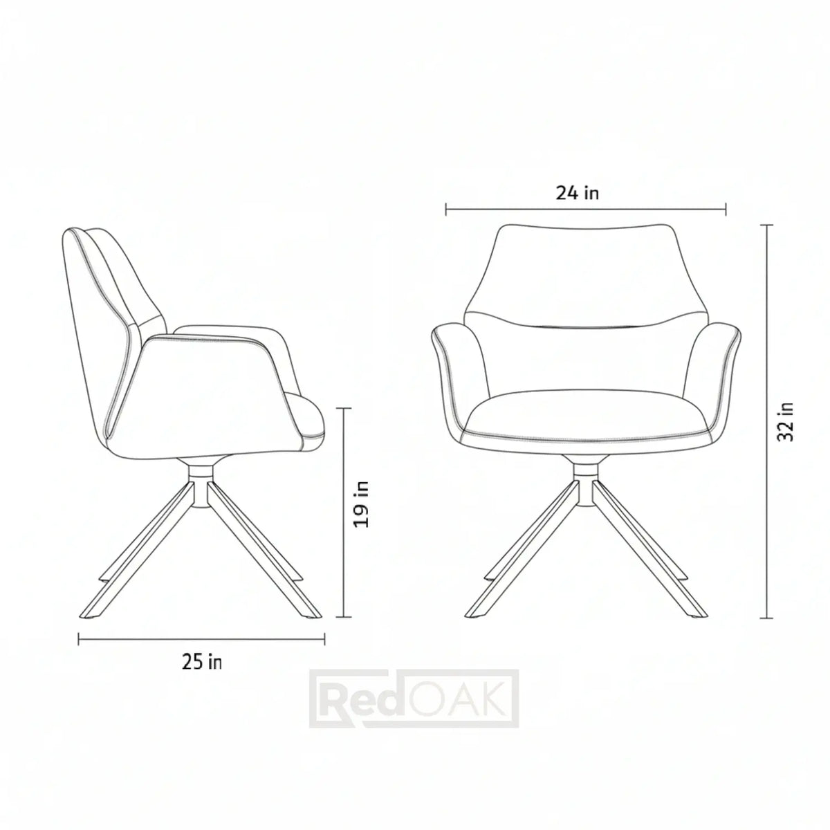 Line drawing of a chair with dimensions on a white background