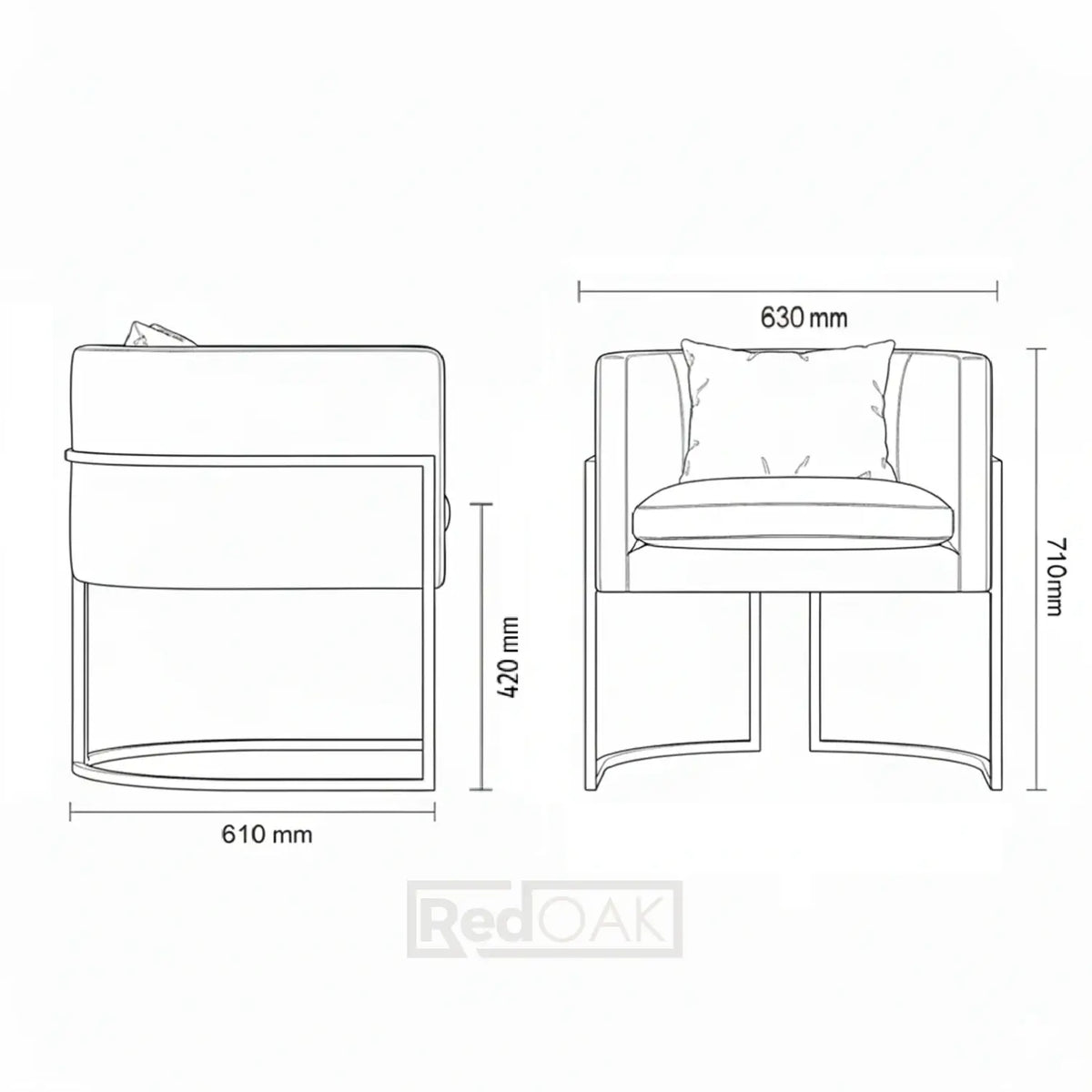 Technical drawing of a chair with dimensions labeled