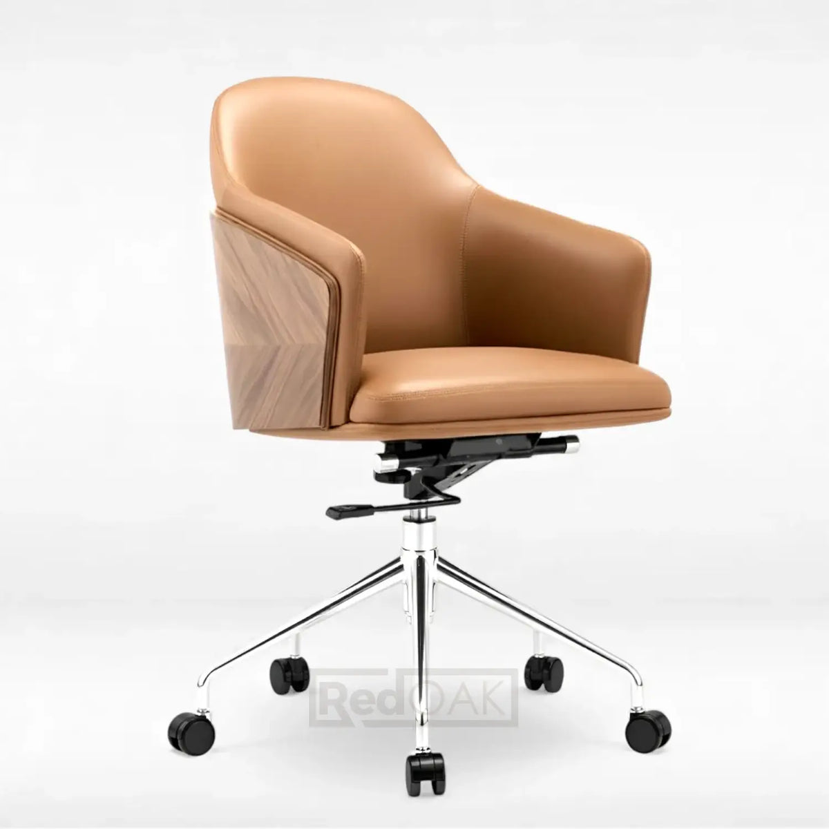 Brown office chair with a wooden backrest on a white background