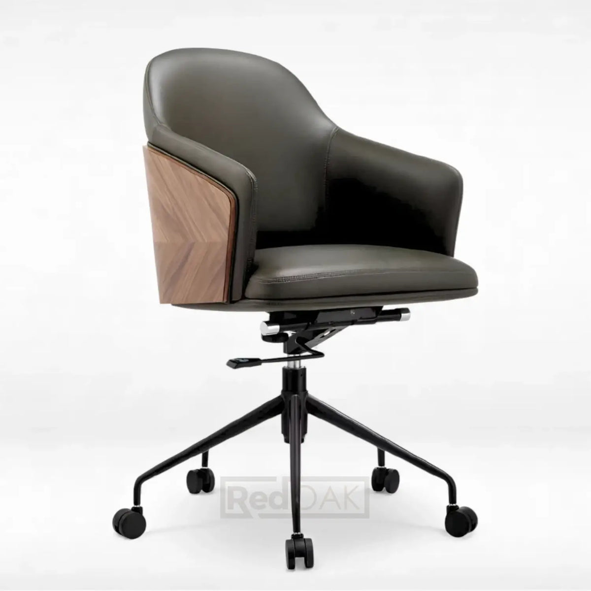 Modern office chair with black leather seat and wooden backrest on a white background