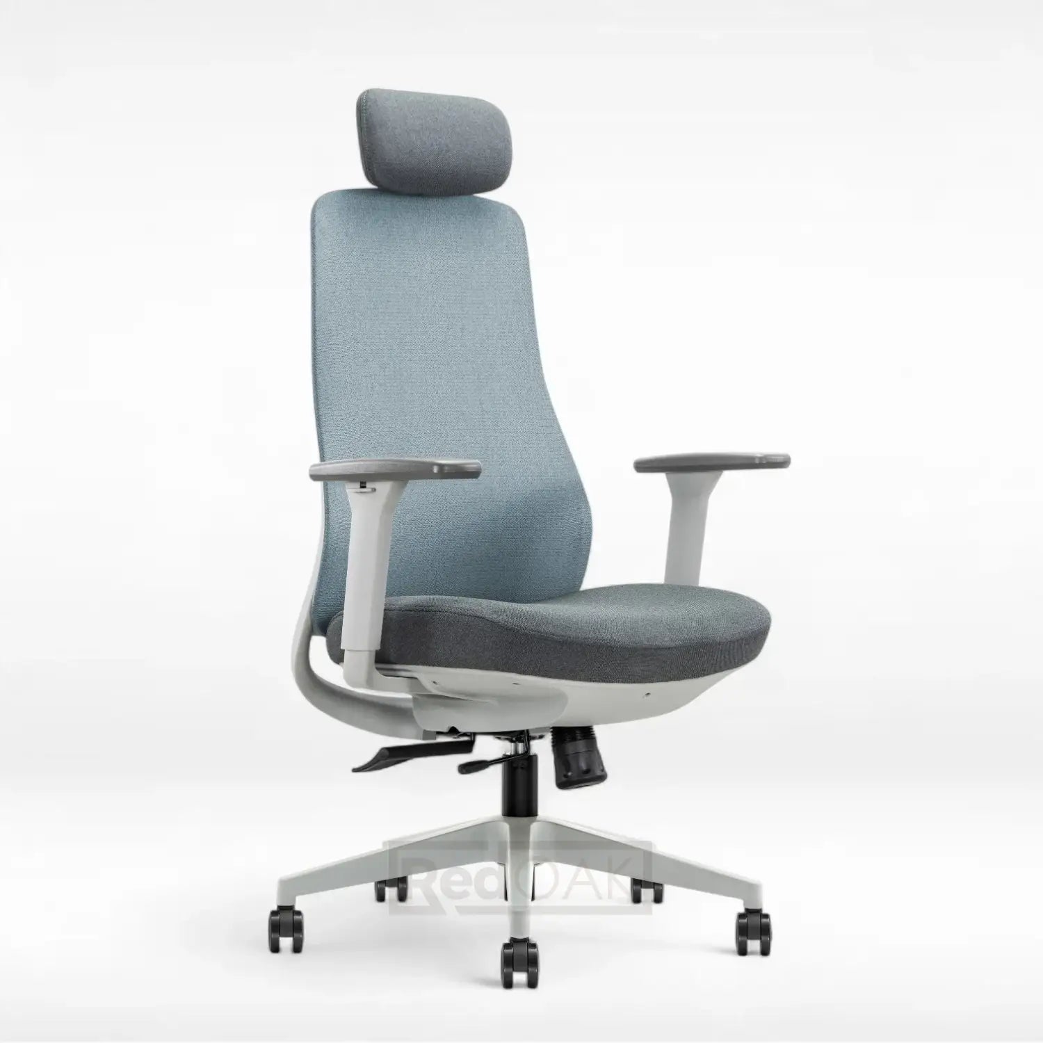 Ergonomic office chair with gray and blue seat and backrest on a white background