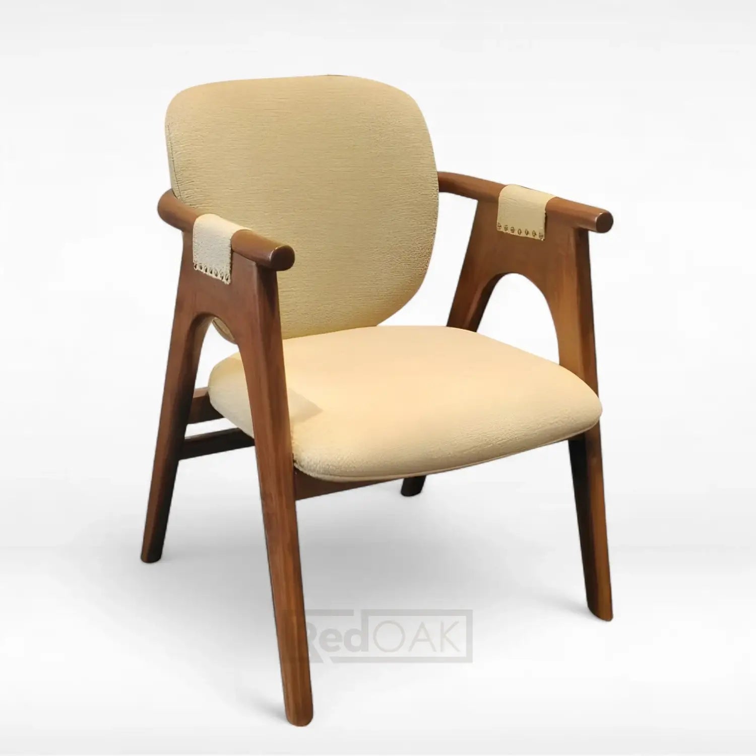 Chair with wooden frame and beige cushion on a white background