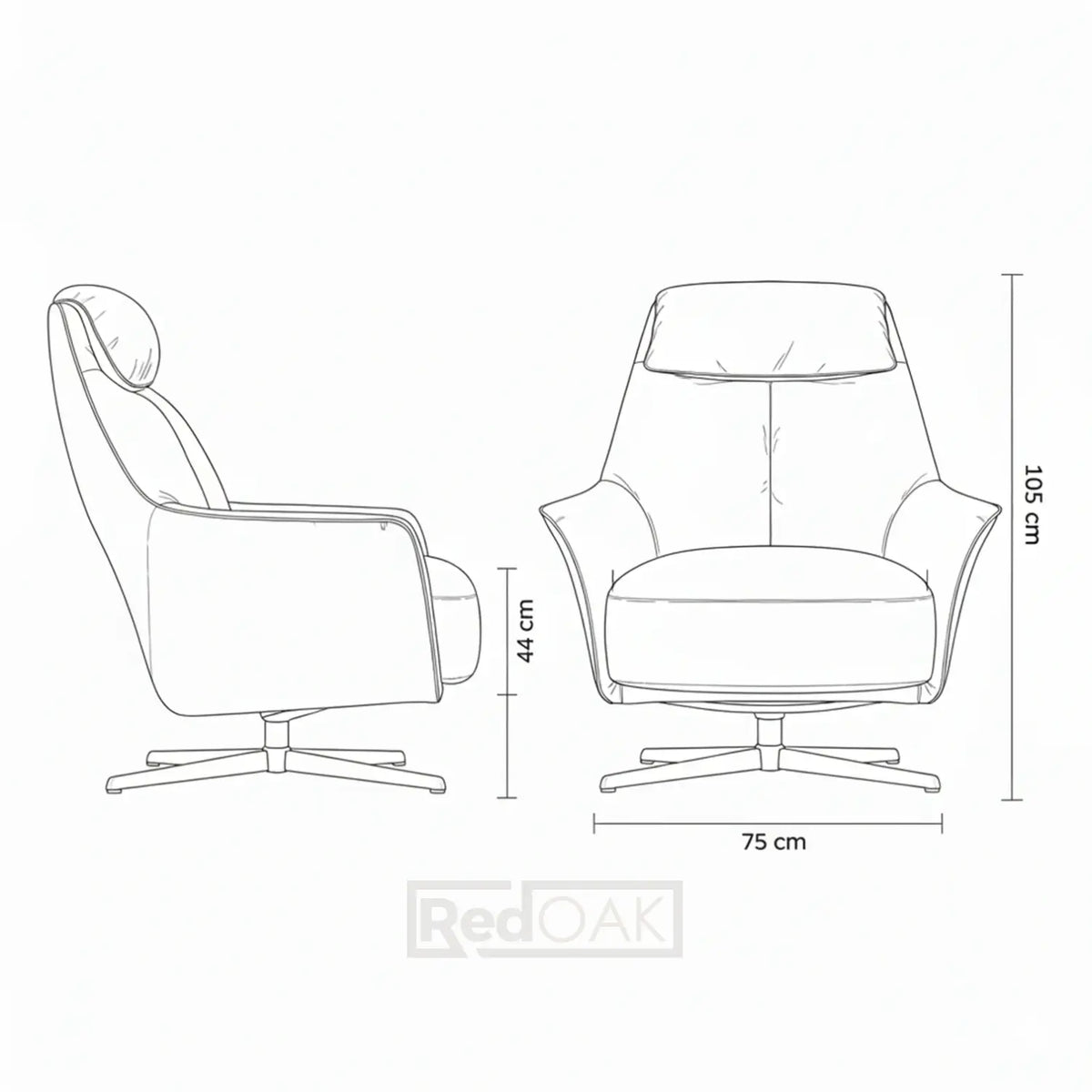 Line drawing of a modern armchair with dimensions on a white background