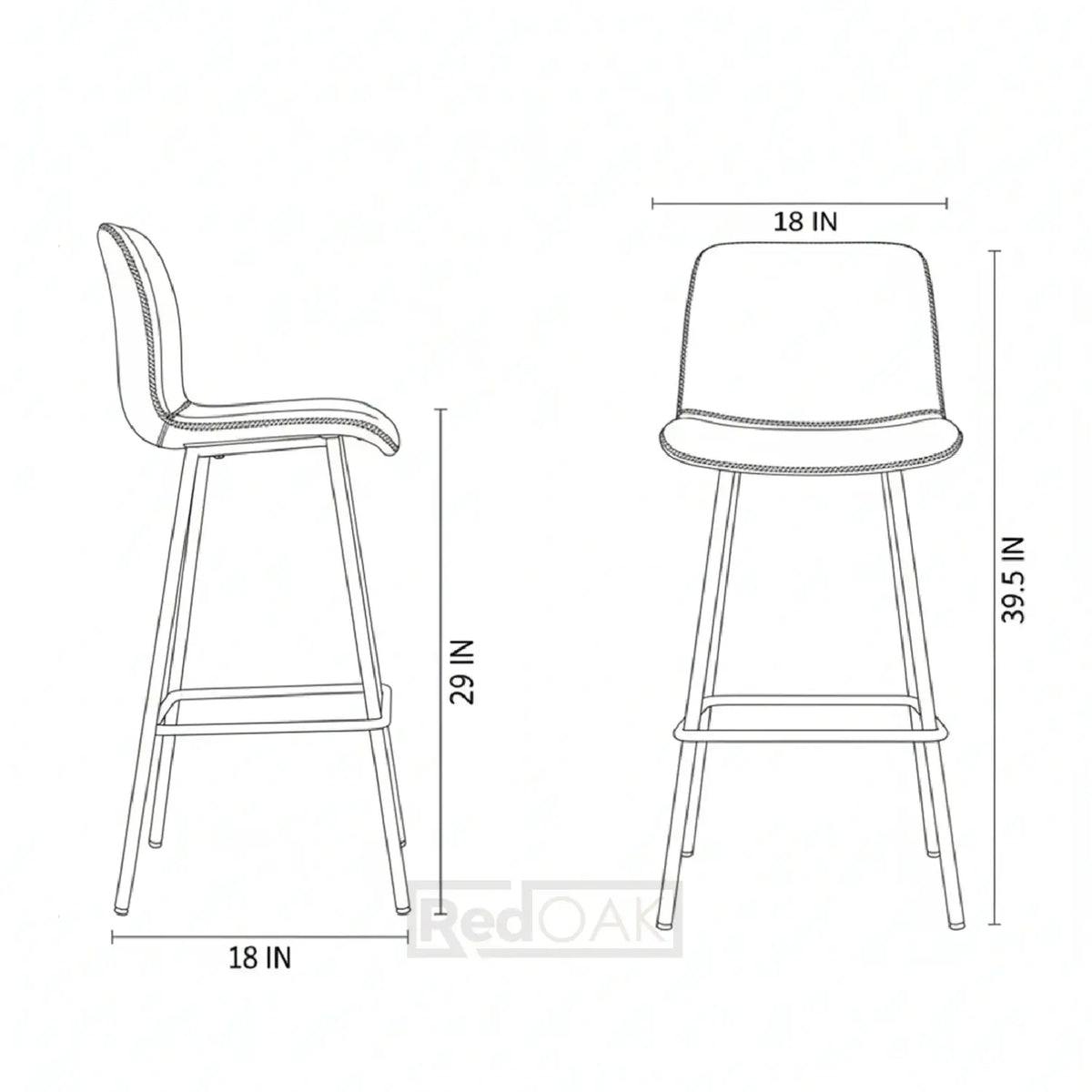 Line drawing of a bar stool with dimensions labeled