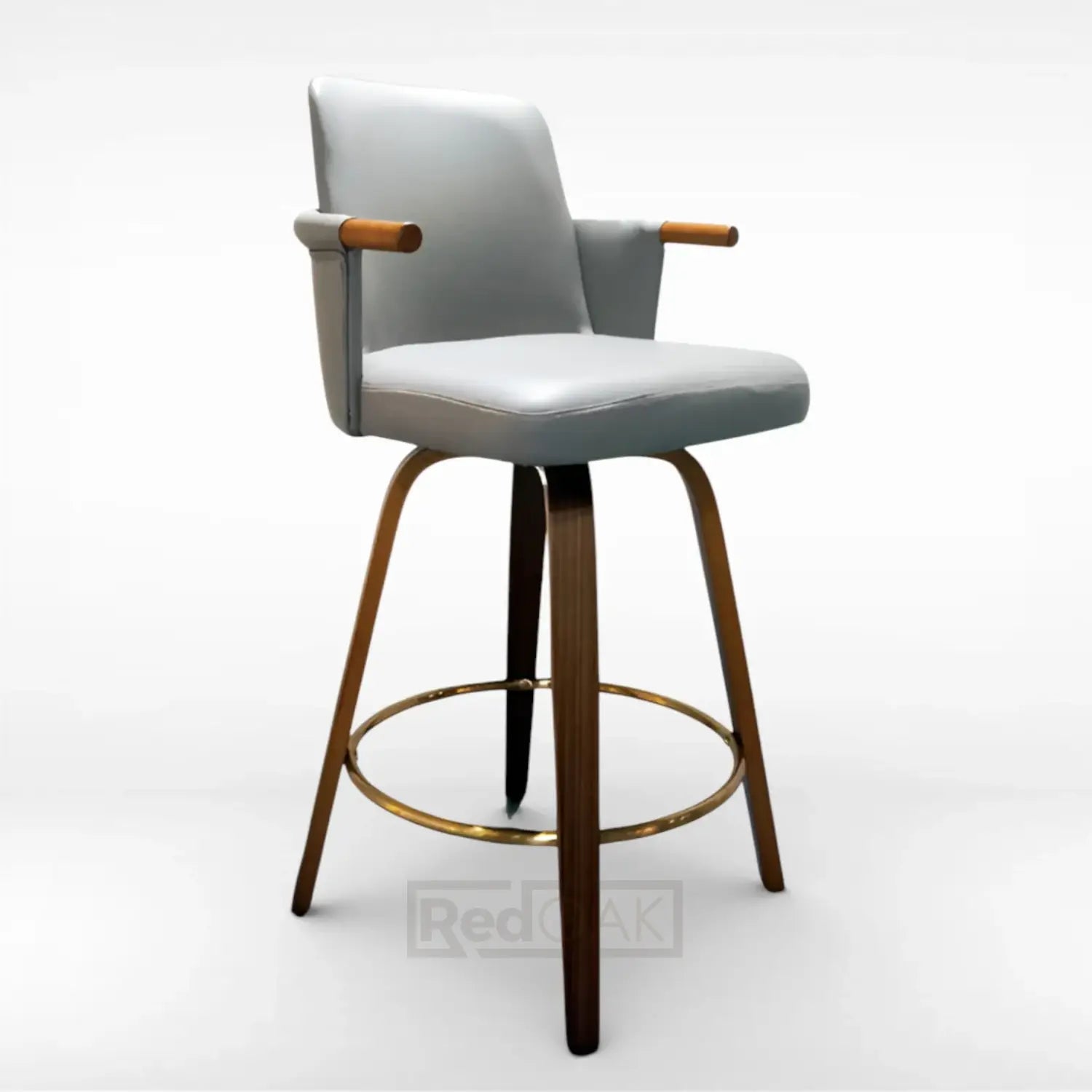 Gray bar stool with wooden arms and legs on a white background