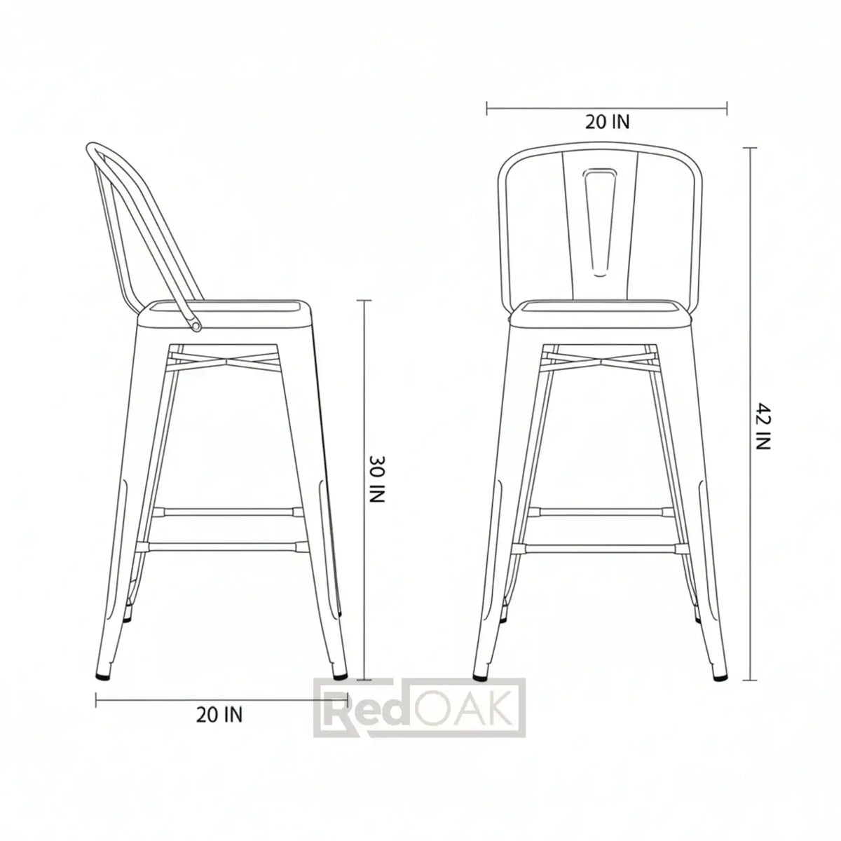 Line drawing of a bar stool with dimensions labeled