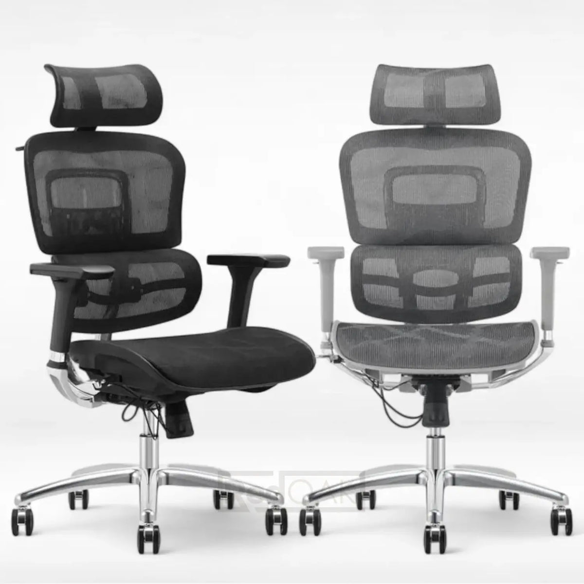 Two black office chairs with mesh backrests on a white background