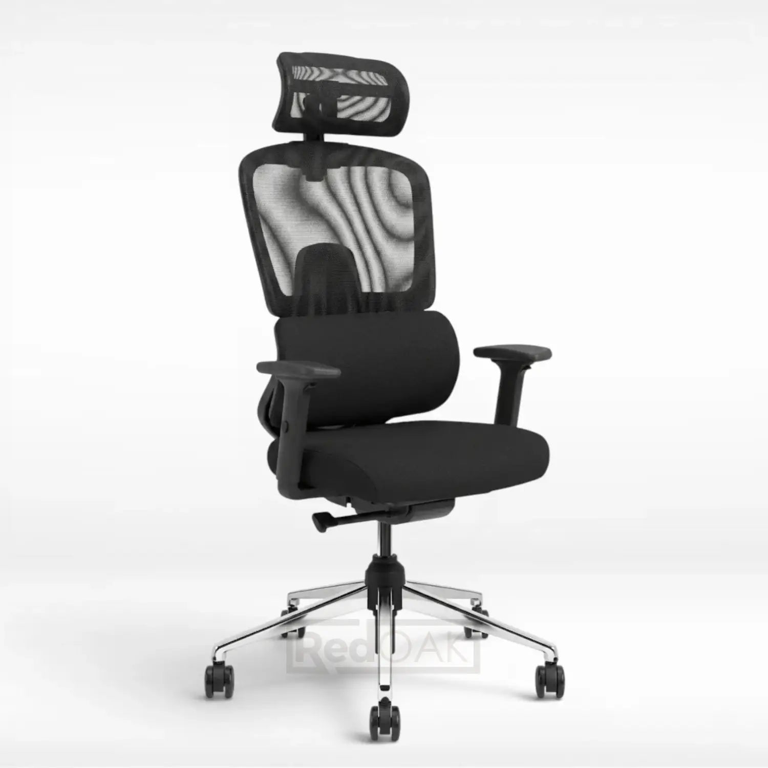 Black ergonomic revolving office chair with mesh backrest, good lumbar support
