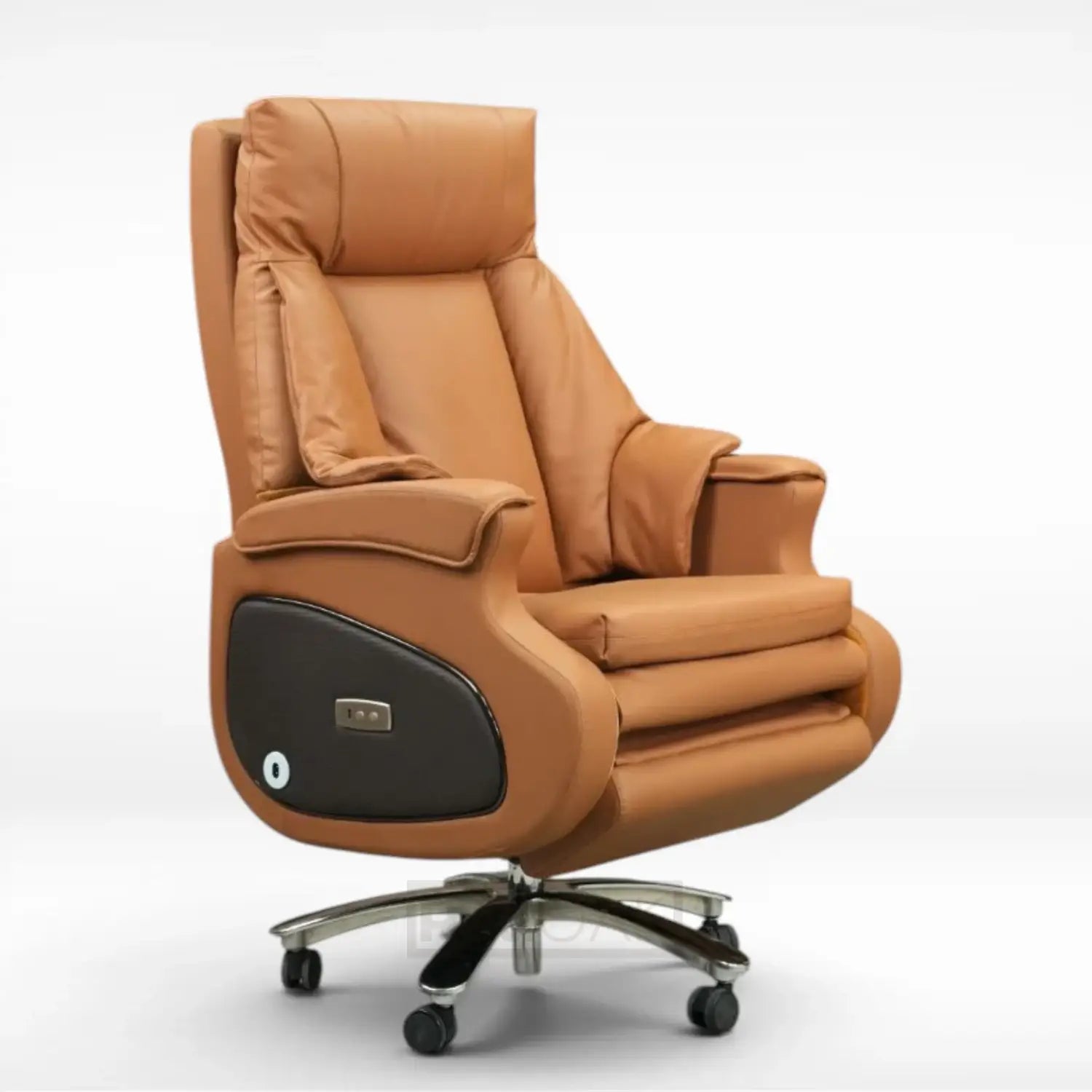 Brown leatherette motorised recliner office chair with armrests